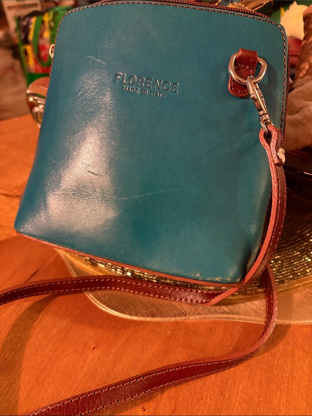 Florence Teal Leather Crossbody Bag with Brown Strap